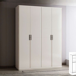 Tủ áo 4 cánh hiện đại TU6801-4 màu trắng tinh tế, được chụp chính diện trong không gian phòng ngủ tối giản. Tủ có thiết kế…