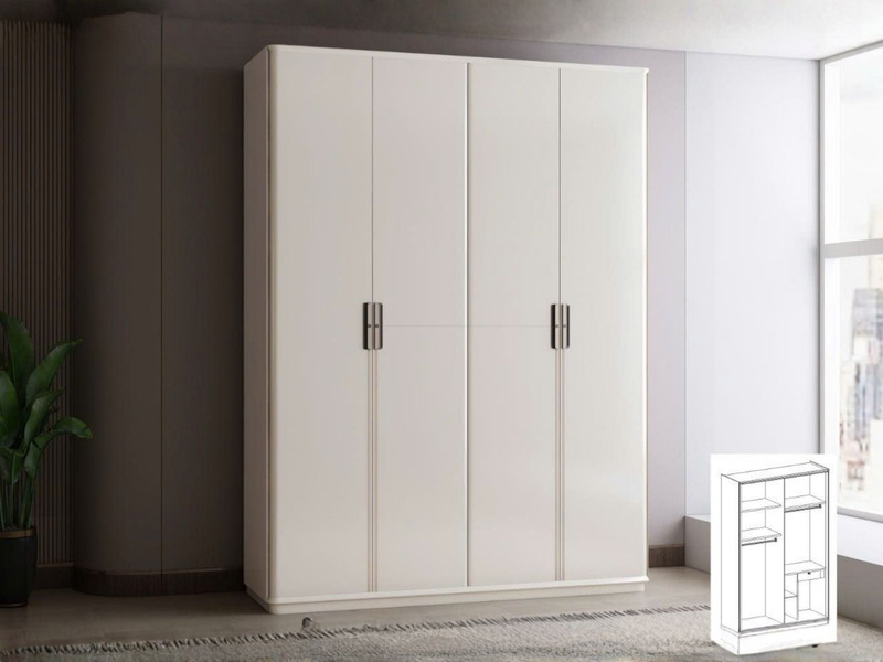 Tủ áo 4 cánh hiện đại TU6801-4 màu trắng tinh tế, được chụp chính diện trong không gian phòng ngủ tối giản. Tủ có thiết kế…