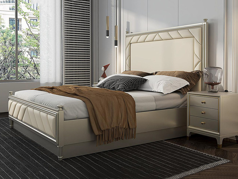 Giường ngủ 1m8 phong cách Mỹ được chụp từ góc hơi chếch bên trái, cho thấy rõ phần đầu giường và thân giường. Đầu giường b…