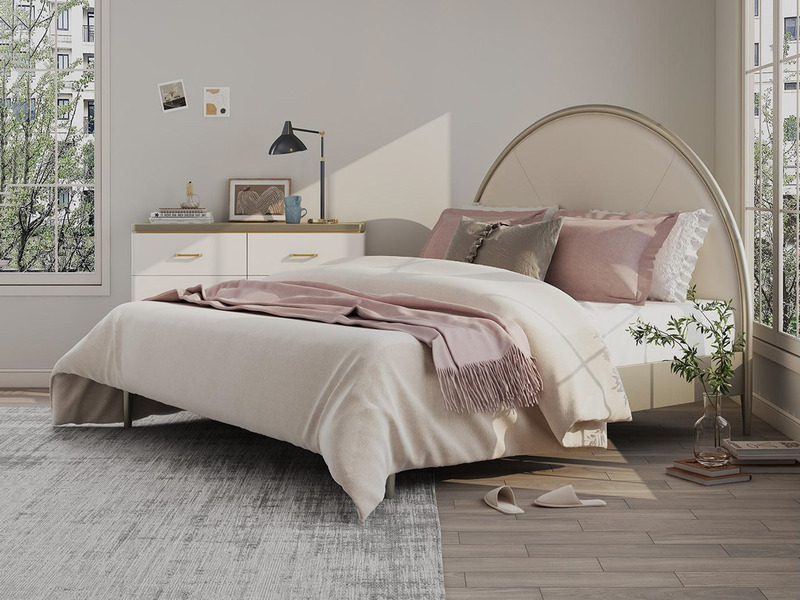 Giường ngủ 1m8 phong cách Mỹ GIRC017-18 được chụp từ góc ngang, cho thấy tổng thể chiếc giường với đầu giường bọc da nhân…