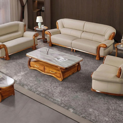 Bộ sofa gỗ Mun nhập khẩu màu be, gồm 1 ghế đơn, 1 ghế đôi, 1 ghế băng dài, kết hợp bàn trà mặt đá marble và bàn phụ, đặt t…