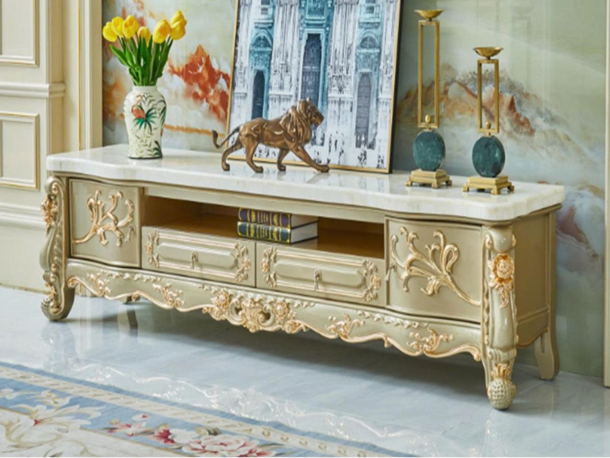 Kệ tivi tân cổ điển mặt đá KT968-20 so sánh gỗ tự nhiên và gỗ công nghiệp