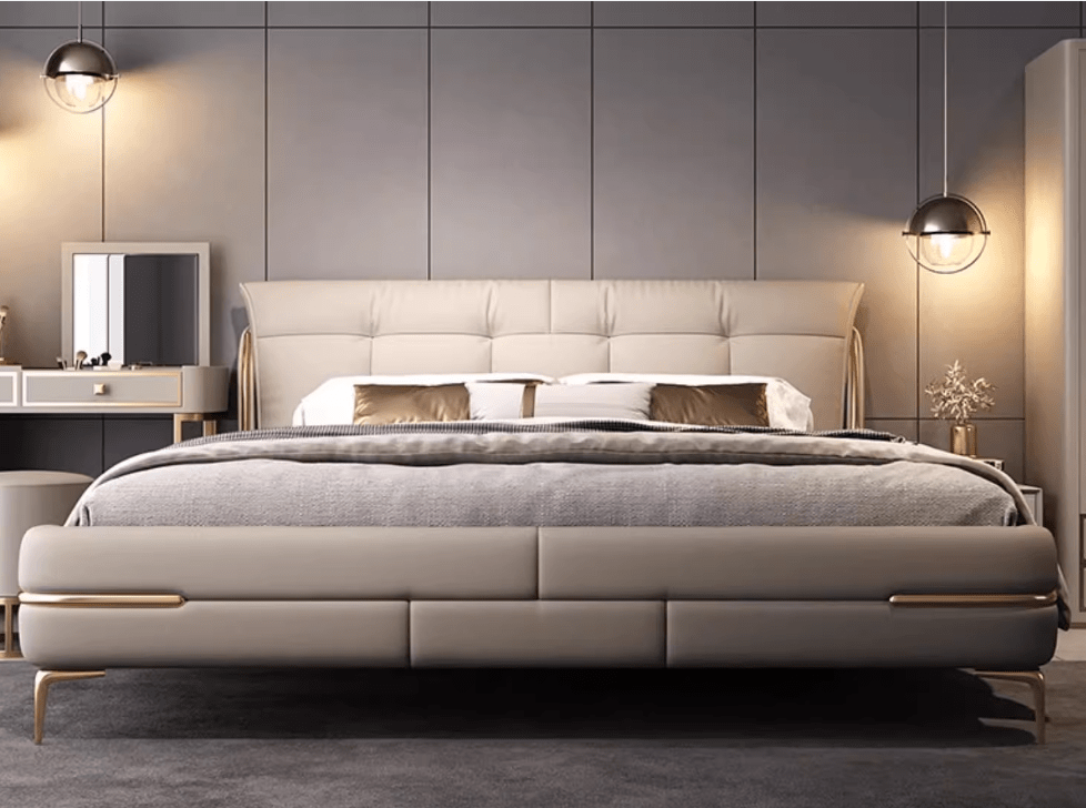 Giường ngủ bọc da cao cấp GI5361-18 được chụp chính diện, tập trung vào phần đầu giường và thân giường. Đầu giường bọc da…