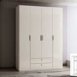 Ảnh chụp chính diện tủ áo 4 cánh hiện đại TU6814-4 màu trắng kem, đặt trong phòng ngủ có tường xám và cửa sổ lớn. Tủ có th…
