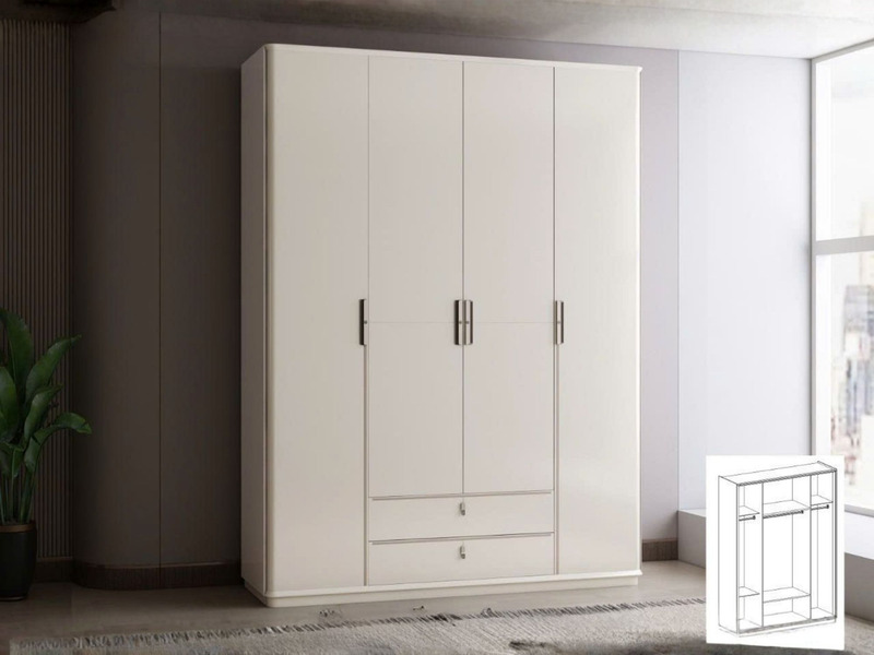 Ảnh chụp chính diện tủ áo 4 cánh hiện đại TU6814-4 màu trắng kem, đặt trong phòng ngủ có tường xám và cửa sổ lớn. Tủ có th…