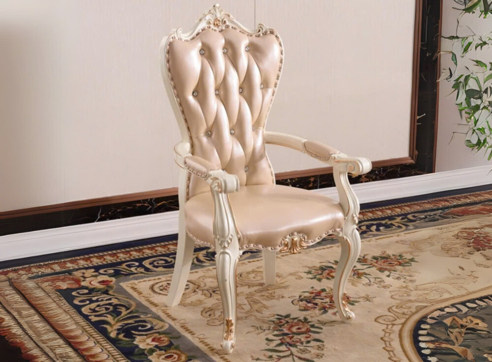 Ghế ăn tân cổ điển GVC96-NT với thiết kế sang trọng, được chụp cận cảnh từ góc chính diện. Phần lưng tựa bọc da nhân tạo m…
