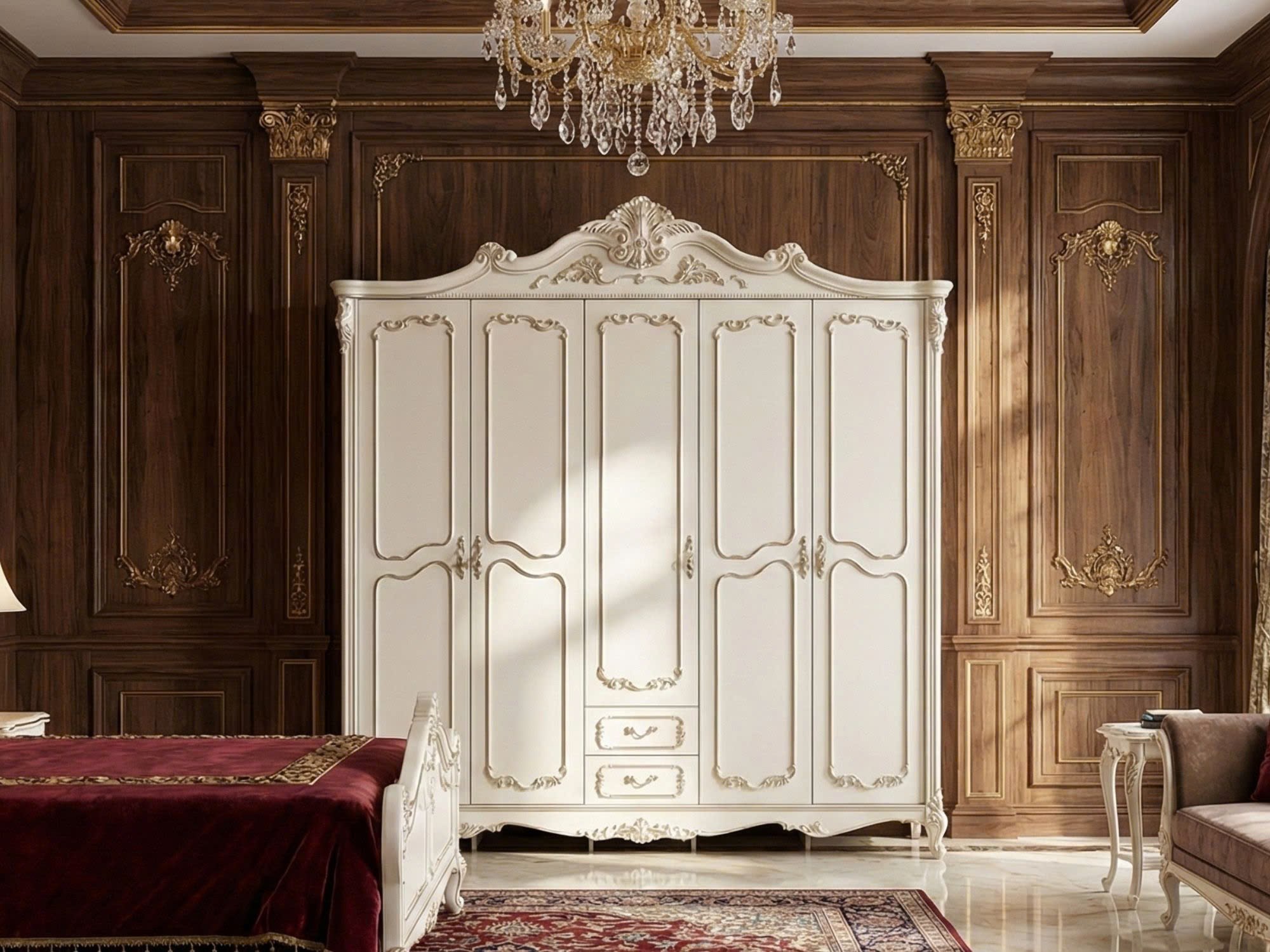 Tủ quần áo 5 cánh tân cổ điển màu trắng ngọc trai, chụp toàn cảnh trong phòng ngủ sang trọng với tường ốp gỗ tối màu và đè…