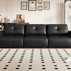 Sofa băng 3 chỗ màu đen, chụp chính diện trong không gian phòng khách hiện đại. Ghế có thiết kế tối giản với đệm ngồi và t…