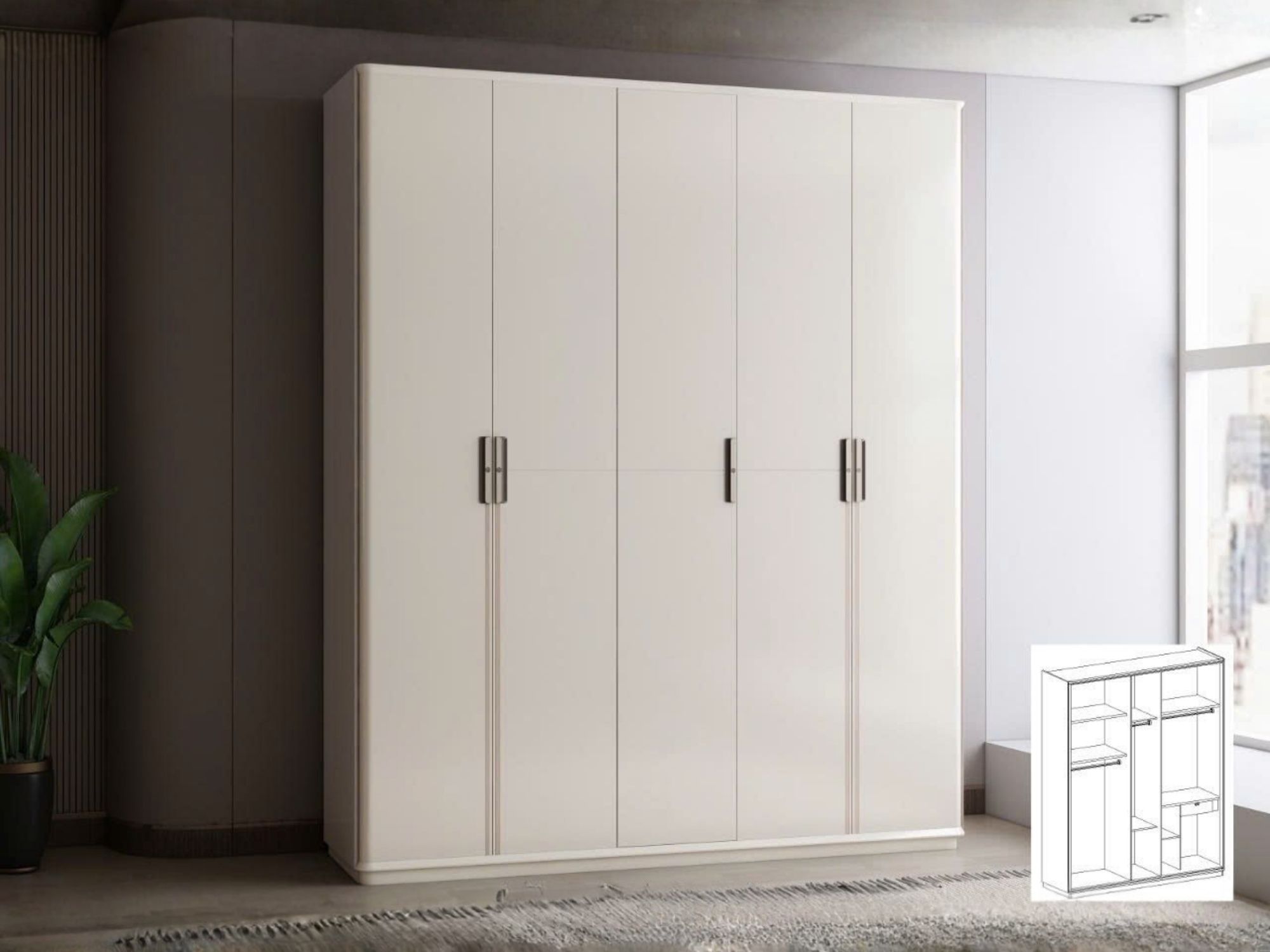 Tủ quần áo 5 cánh hiện đại TU6805-5 màu trắng kem, được chụp chính diện trong một không gian phòng ngủ. Tủ có thiết kế tối…