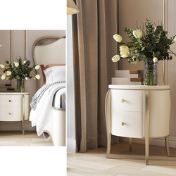 Tủ đầu giường TACTG002 được chụp cận cảnh trong không gian phòng ngủ sang trọng, nổi bật với thiết kế hình bầu dục mềm mại…