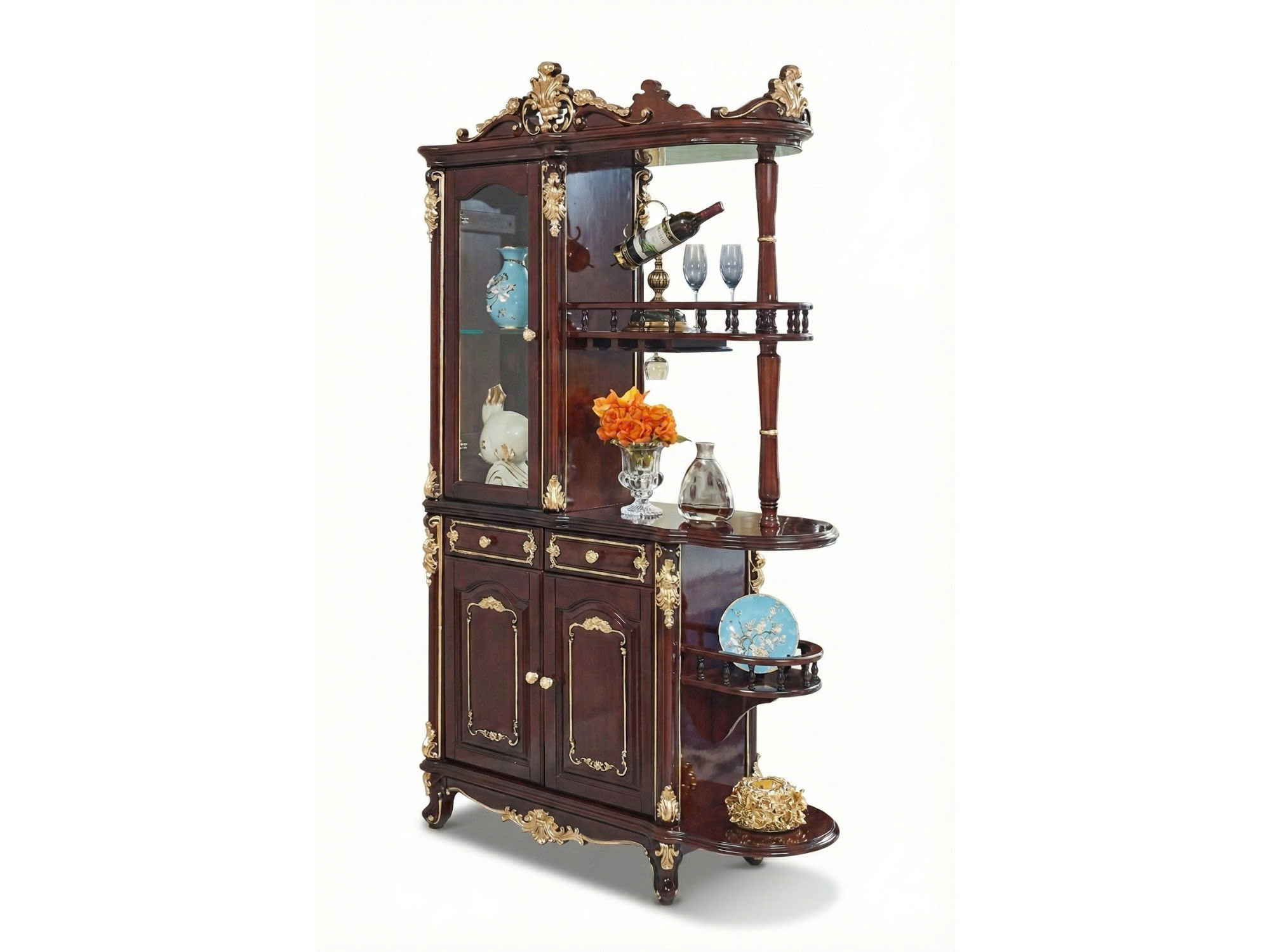 Tủ rượu 2 mặt TR01-12 chụp chính diện trên nền trắng, làm nổi bật thiết kế đối xứng và các đường nét hoa văn mạ vàng đồng…