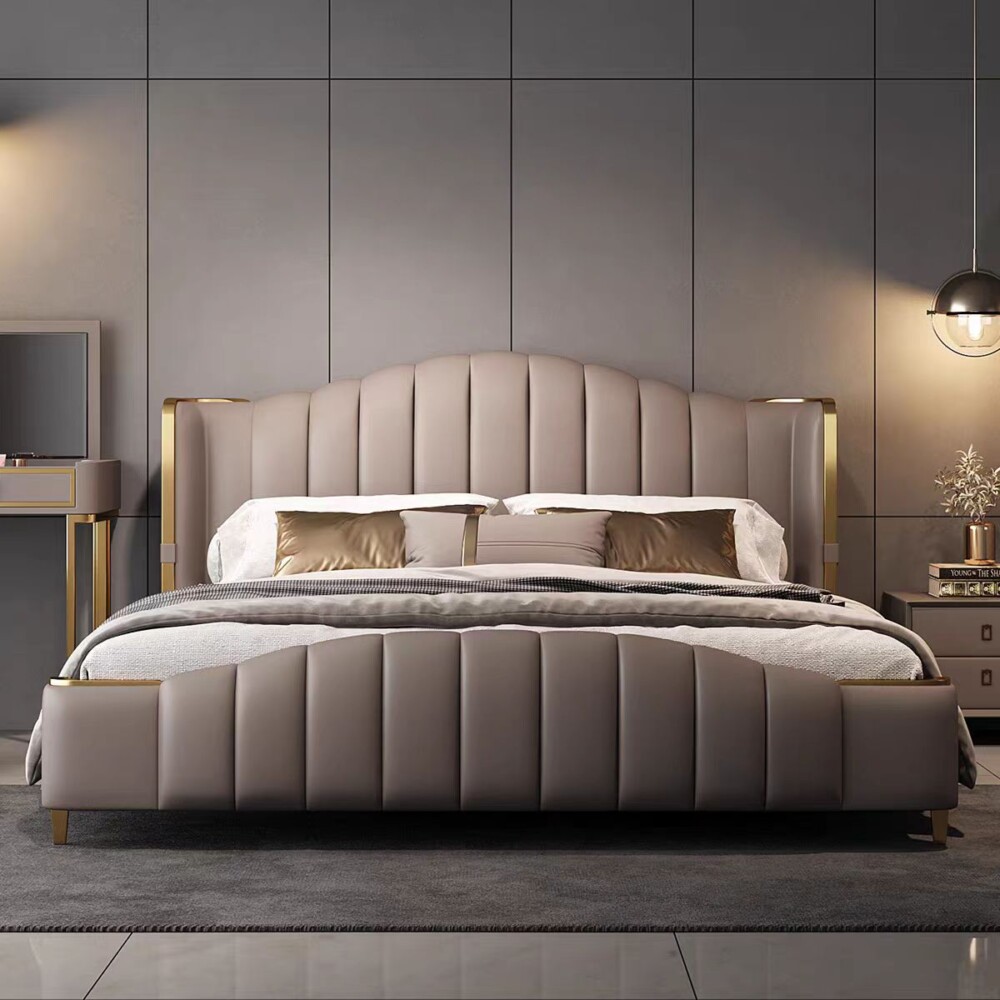 Hình ảnh chính diện của Giường Ngủ Bọc Da Cao Cấp GI5375-18, tập trung vào thiết kế đầu giường cao và thân giường. Đầu giư…