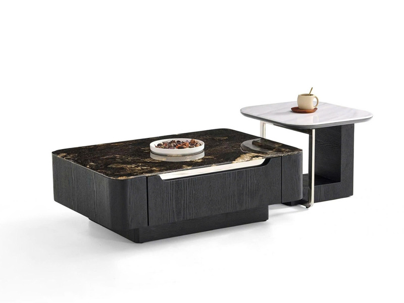 Cặp bàn trà đôi hiện đại BT8609 được chụp từ góc chếch phía trước, nổi bật trên nền trắng. Bàn lớn hình chữ nhật thấp với…