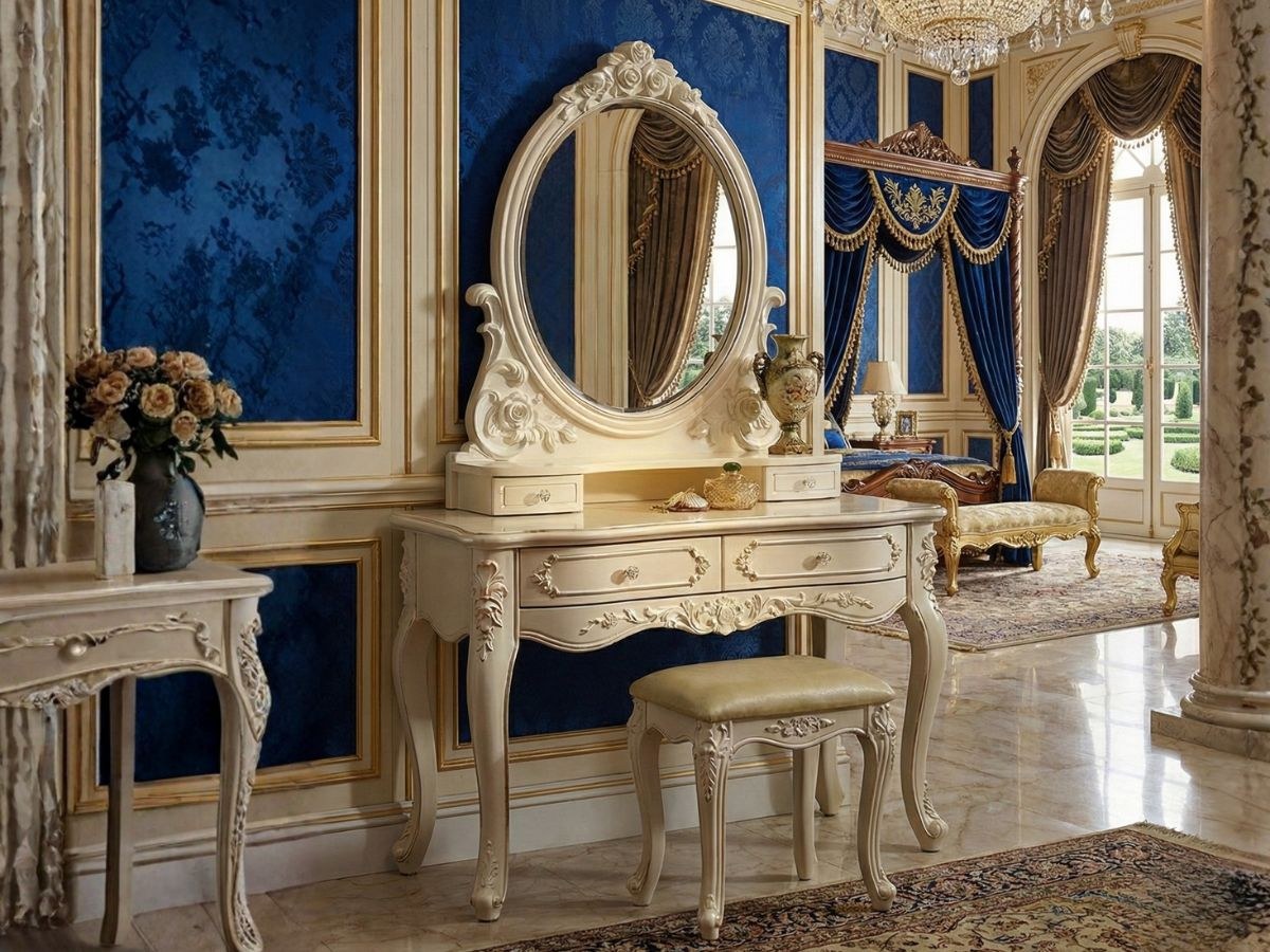 Bộ bàn trang điểm BDC509 màu trắng ngọc trai đặt trong không gian phòng ngủ luxury với tông màu xanh dương và vàng chủ đạo…