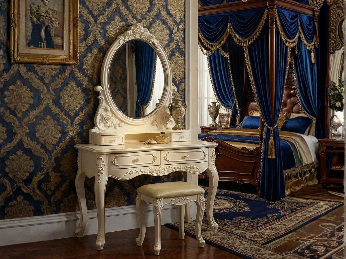 Bàn trang điểm tân cổ điển BDC509 được bố trí trong phòng ngủ phong cách luxury, với tường dán giấy họa tiết vàng đồng và…