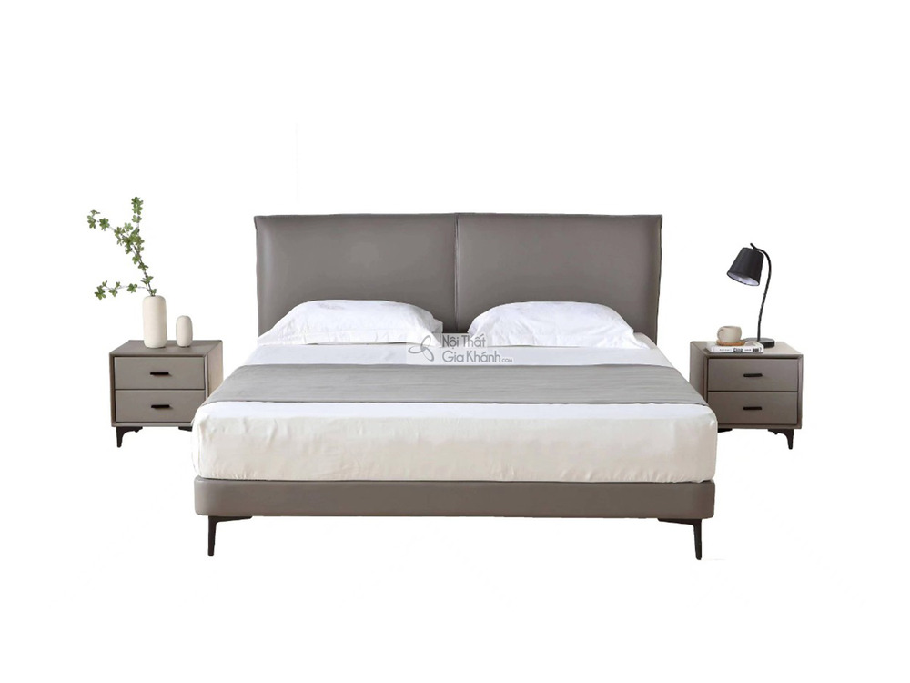 Giường ngủ bọc da GIBJ020-18 phong cách hiện đại, chụp chính diện. Đầu giường cao, bọc da màu xám lông chuột với đường may…