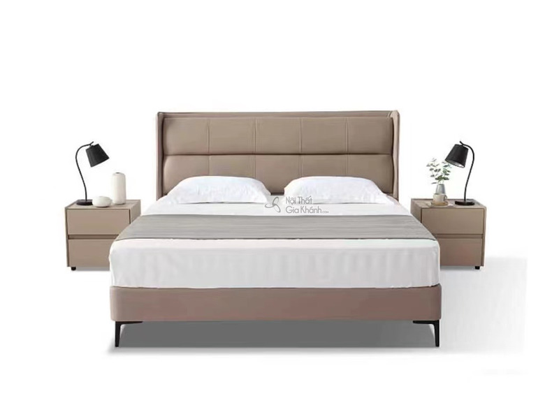 Giường ngủ bọc da GIBJ089-18 chụp chính diện trên nền trắng, nổi bật với thiết kế hiện đại và thanh lịch. Đầu giường cao…
