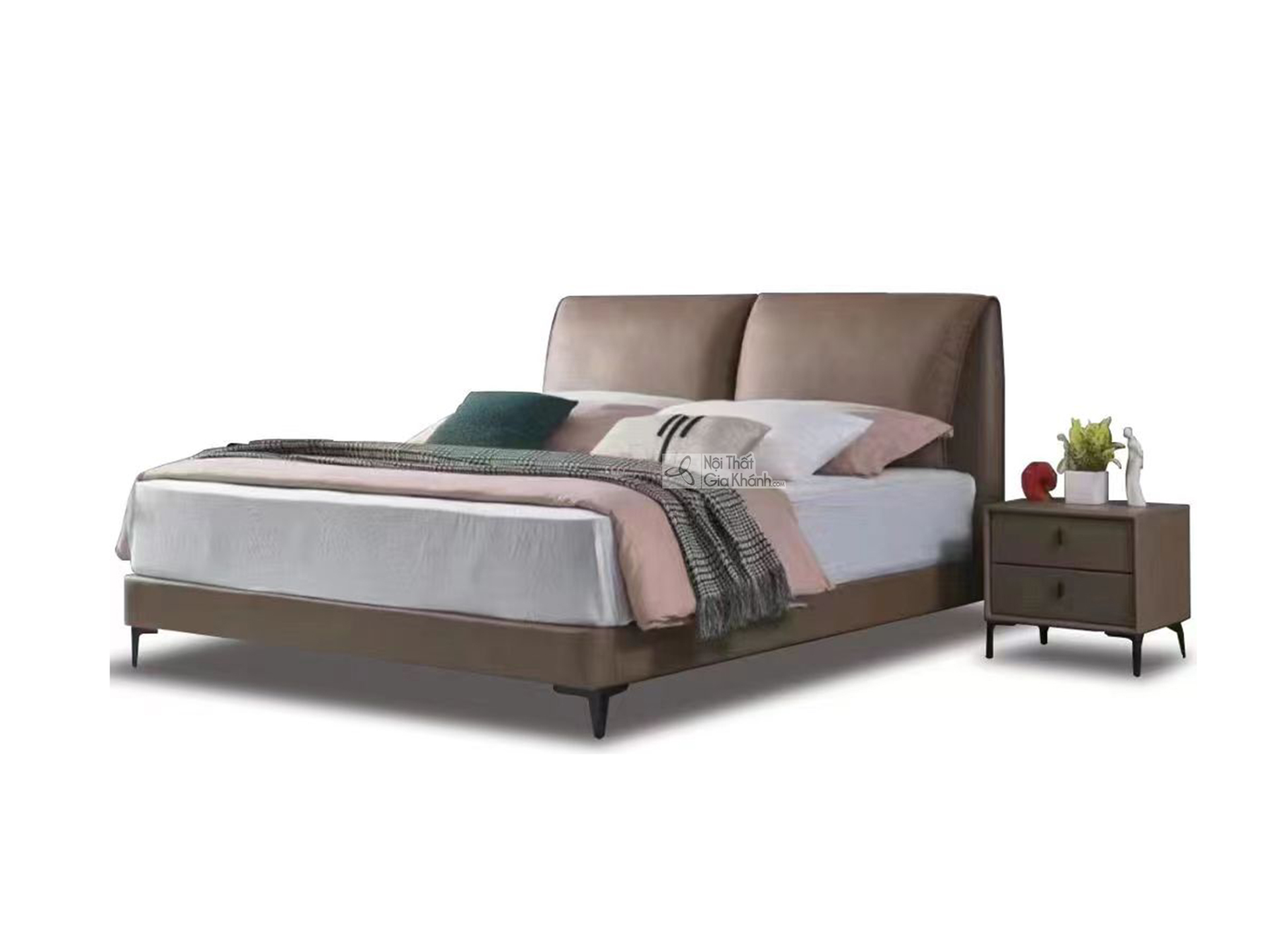 Giường ngủ bọc da GIBJ090-18 được chụp chính diện hơi chếch, nổi bật trên nền trắng. Giường có thiết kế hiện đại với đầu g…