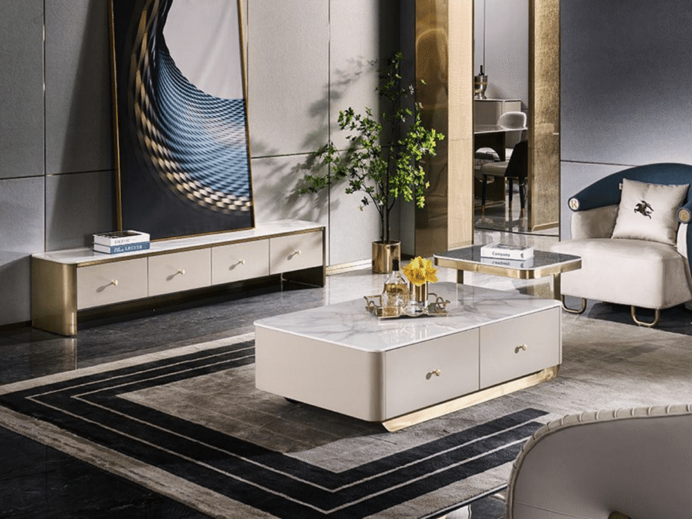 Toàn cảnh không gian phòng khách hiện đại luxury, tập trung vào bộ đôi bàn trà BT8812-13 và kệ tivi đồng bộ. Bàn trà hình…