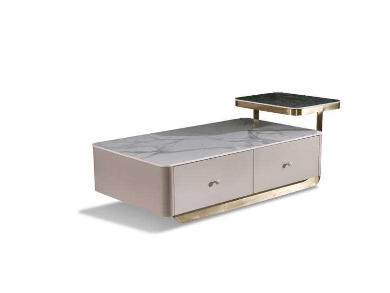 Bàn trà hình chữ nhật được chụp từ góc 3/4 phía trước bên phải, trên nền trắng với bóng đổ nhẹ. Bàn có hai ngăn kéo màu ke…