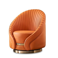 Ghế thư giãn GCQ628 màu cam đất, bọc da nappa với họa tiết xếp nếp dọc ở lưng ghế. Chân đế tròn bằng thép không gỉ màu vàn…