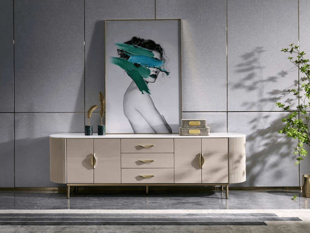 Kệ tivi mặt đá luxury KTW1211 được chụp chính diện, đặt trong không gian phòng khách hoặc sảnh sang trọng. Kệ có thân màu…
