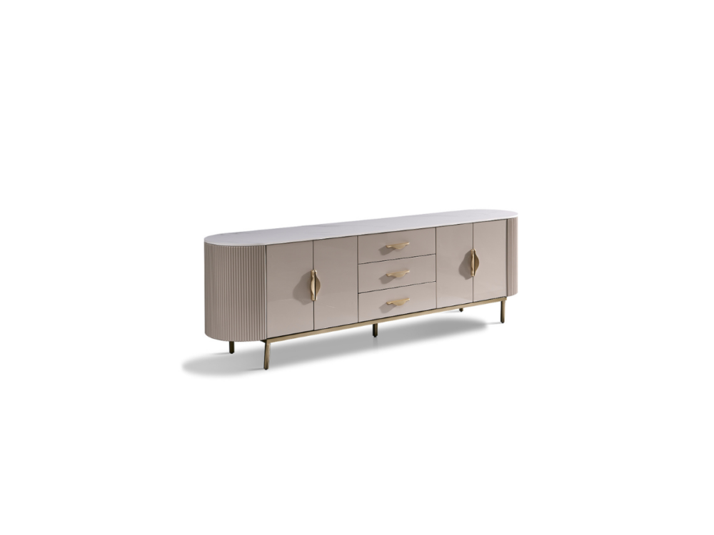 Hình ảnh kệ tivi mặt đá luxury KTW1211 được chụp góc 3/4 trên nền trắng, làm nổi bật thiết kế tổng thể. Kệ có dáng dài, th…