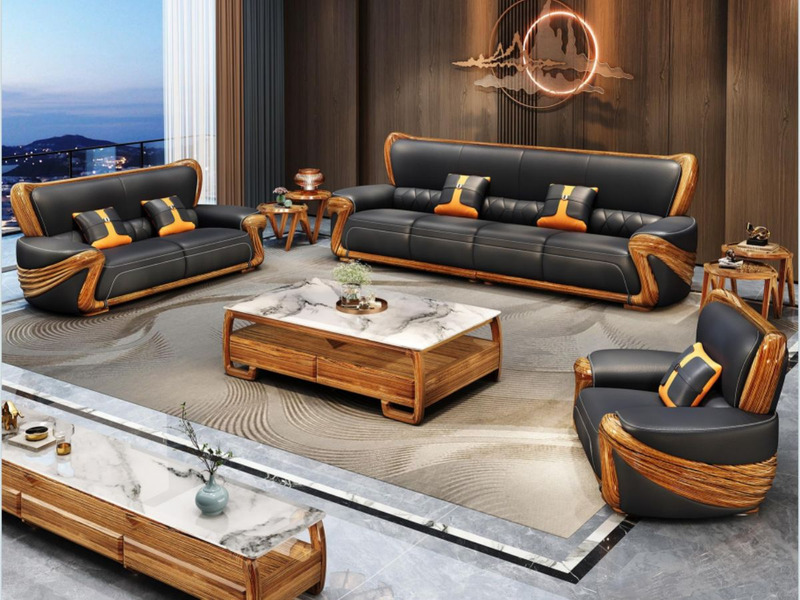 Toàn cảnh bộ sofa phòng khách gỗ mun SBF532-125 phong cách hiện đại, đặt trong không gian phòng khách sang trọng. Bộ sản p…