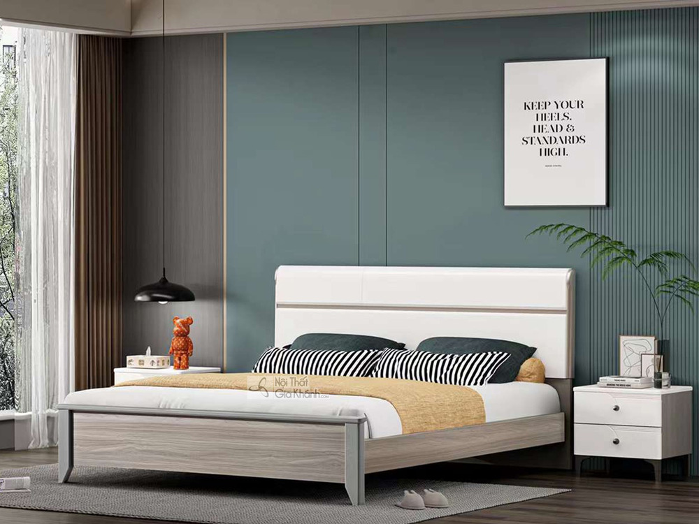 Giường ngủ hiện đại GI603-1 được chụp chính diện trong không gian phòng ngủ tối giản. Giường có khung gỗ công nghiệp MFC m…