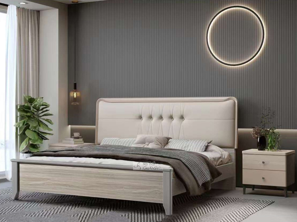 Giường ngủ hiện đại BA-8-1 được chụp từ góc hơi chếch bên trái, thể hiện toàn bộ giường và táp đầu giường. Giường có khung…
