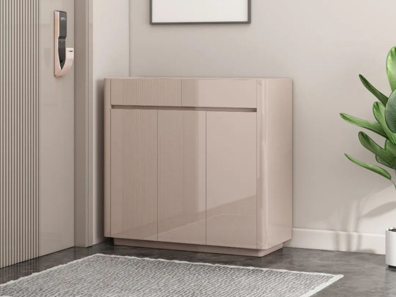 Tủ giầy TD6202 hiện đại, màu nâu be sáng bóng, đặt gọn gàng cạnh cửa ra vào. Tủ thiết kế tối giản với ba cánh cửa mở và ha…