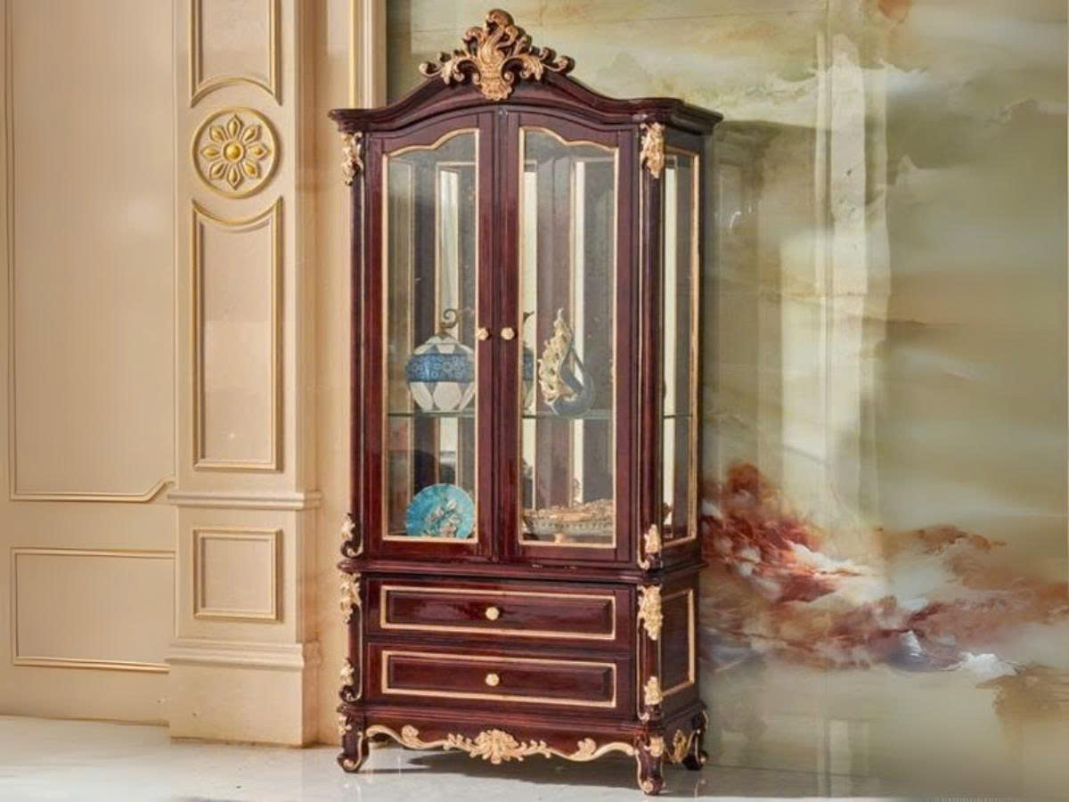 Tủ rượu 2 cánh tân cổ điển gỗ tự nhiên TR01-2 họa tiết dát vàng