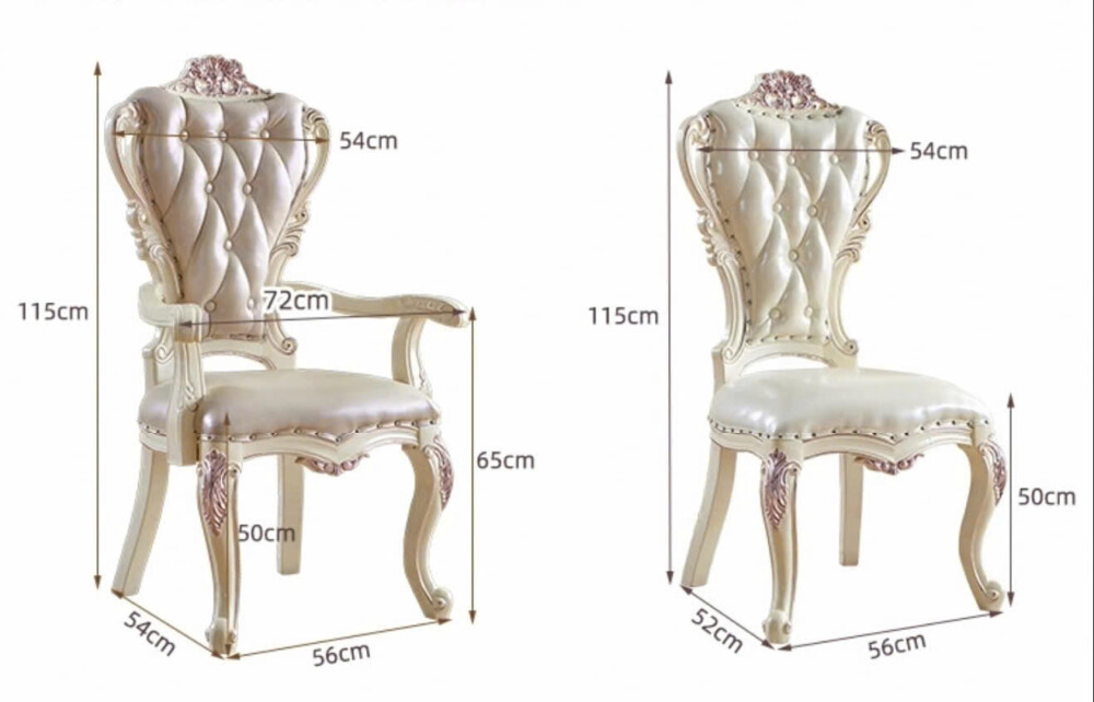 Hình ảnh minh họa kích thước chi tiết của hai mẫu ghế ăn tân cổ điển GVC98-NT: một ghế có tay và một ghế không tay, trên n…