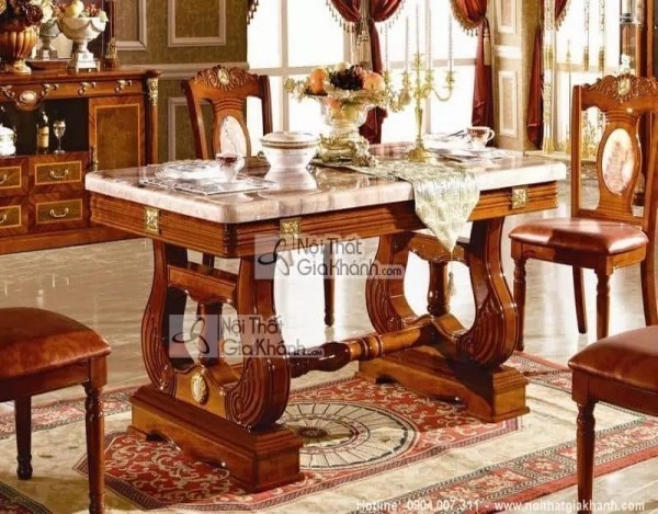 Bàn ăn mặt đá chân cong BA215C-16 khung gỗ Sồi tự nhiên phong cách tân cổ điển