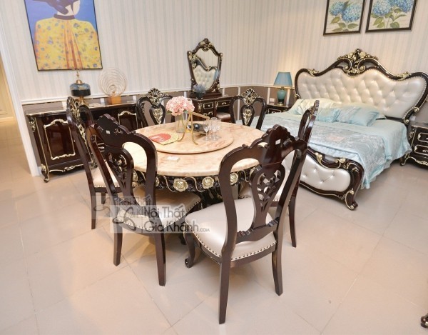 Bàn ăn mặt đá xoay phong cách Pháp cổ điển PA8812GD tông nâu nho sang trọng