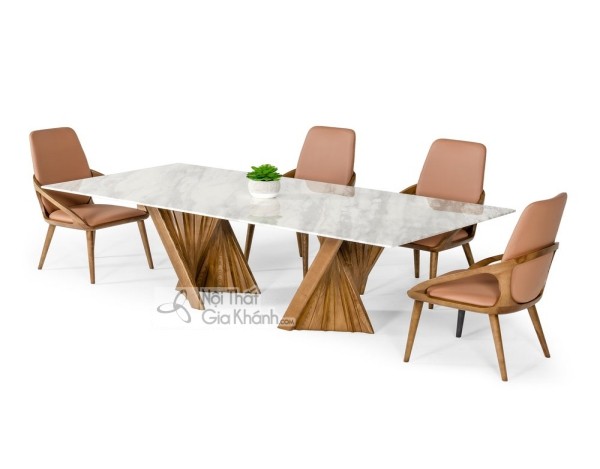 Bàn ăn mặt đá chữ nhật chân nan quạt độc đáo