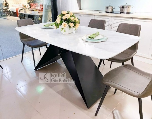 Bàn ăn mặt đá chân chữ V LKT1030 mặt đá cẩm thạch nhân tạo trắng xám