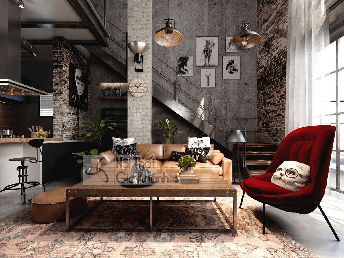 Ghế bành tương phản làm nổi bật sofa màu nâu trong phòng khách