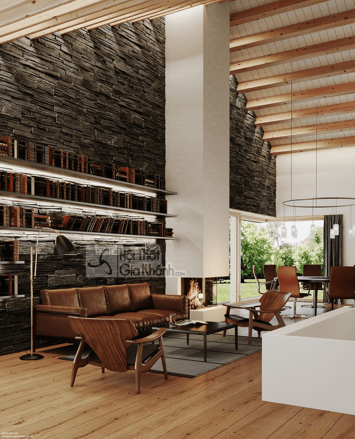 Phòng khách bố trí tinh tế như thư viện với sofa màu nâu
