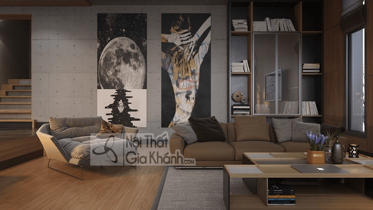 Phòng khách bố trí độc lập từng món nội thất quanh sofa màu nâu