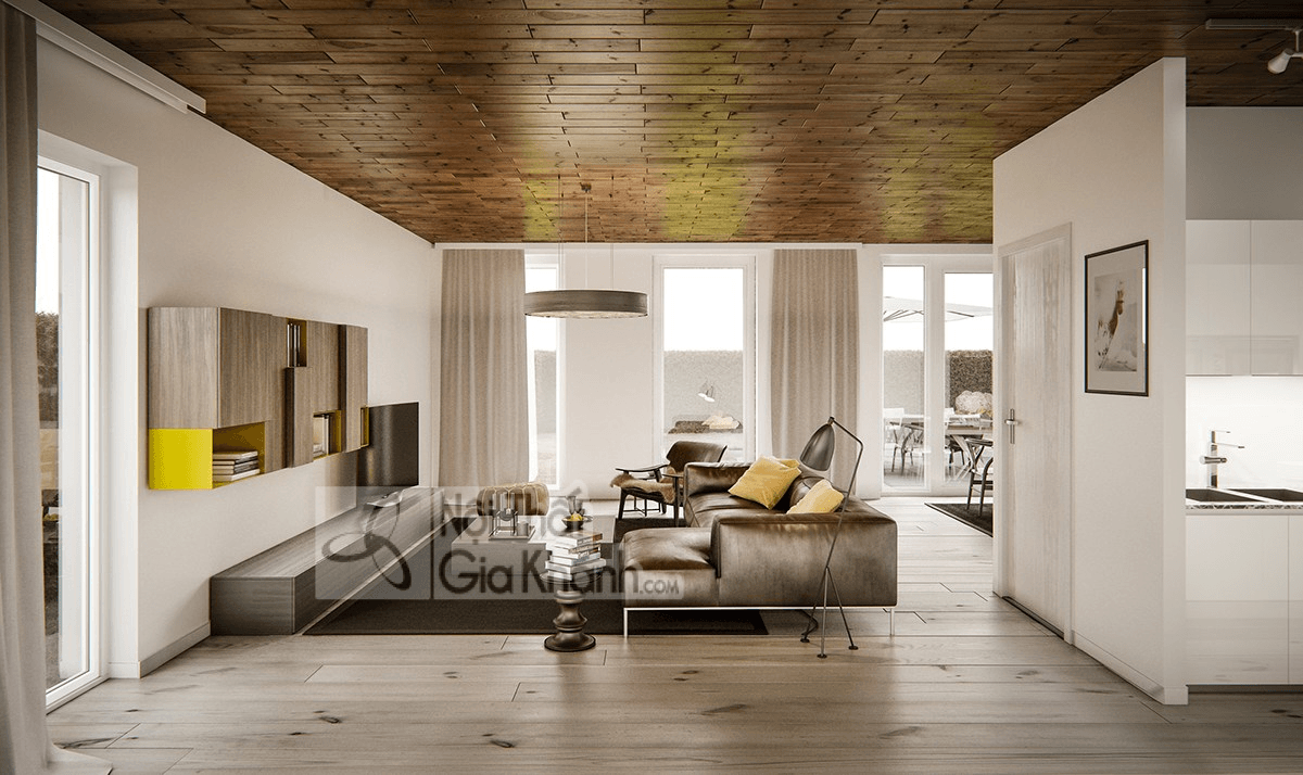 Trần phòng khách màu nâu phối sofa cho không gian ấm áp
