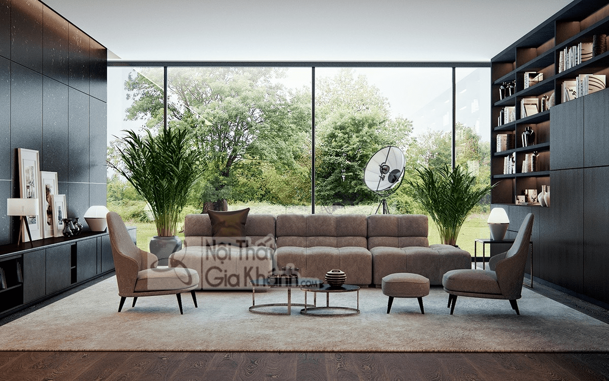 Phòng khách nhiều ánh sáng tự nhiên tôn dáng sofa màu nâu