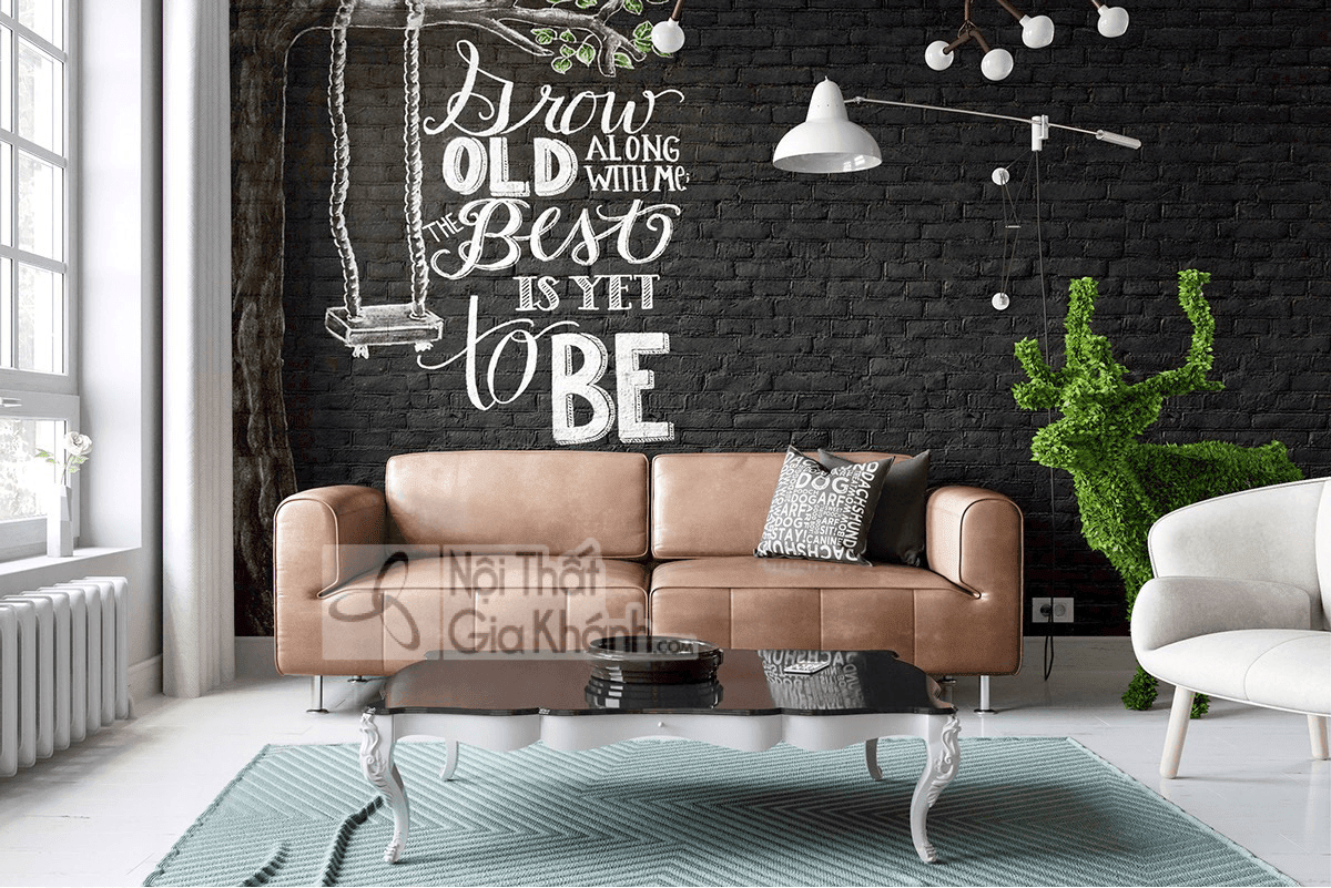 Tường gạch sơn đen tạo phông nền tinh tế cho sofa màu nâu