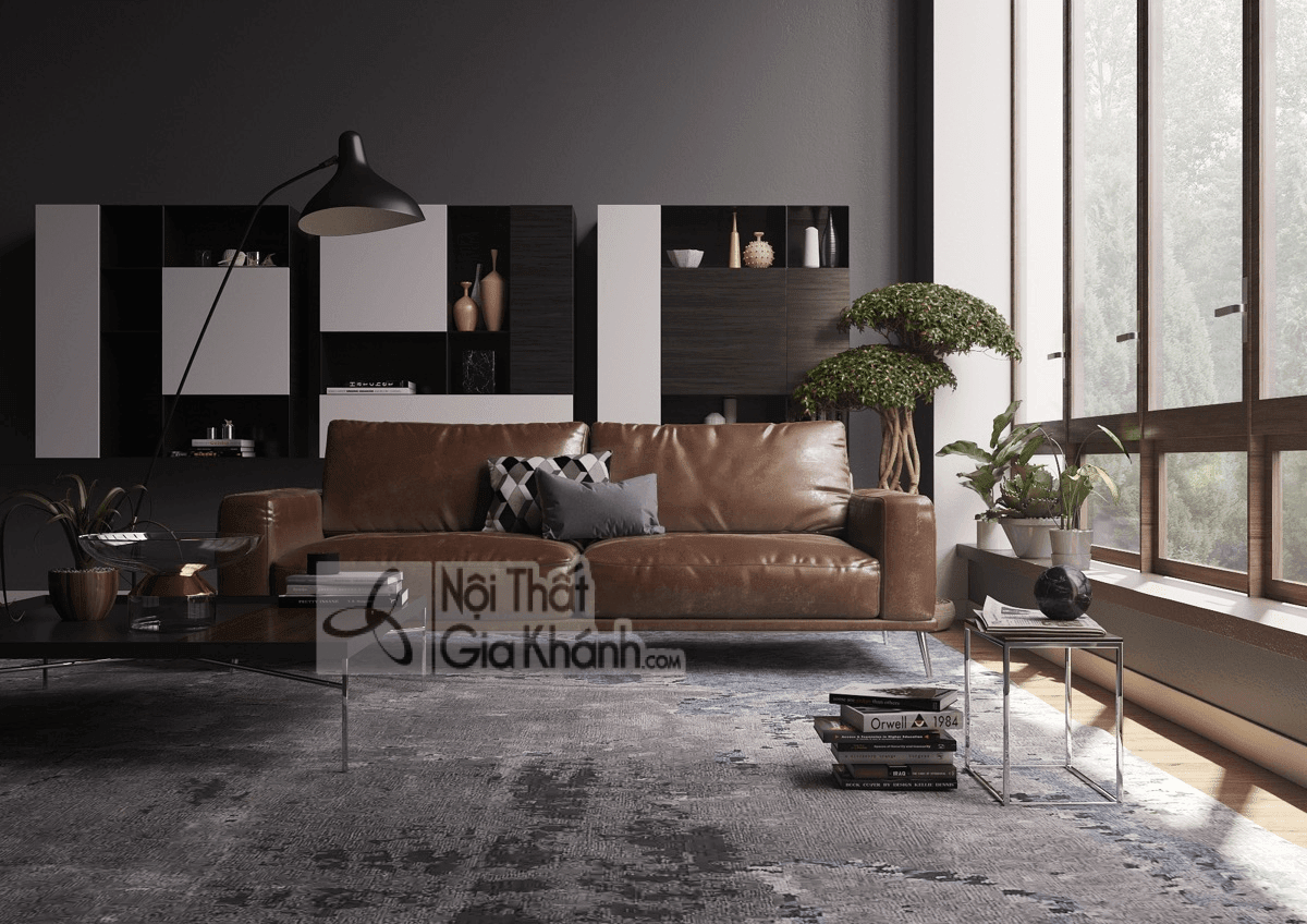 Cây xanh làm điểm nhấn tươi mới cho phòng khách tông màu nâu