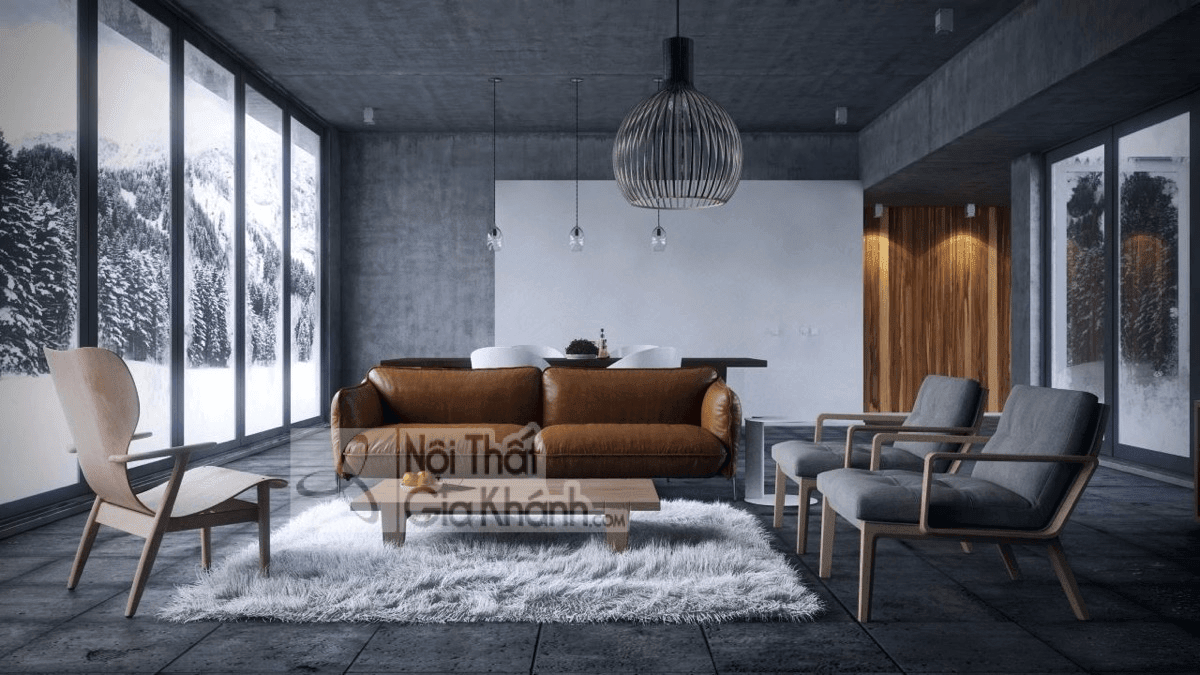 Mảng tường ốp gỗ giúp sofa màu nâu hòa hợp với phòng khách xám