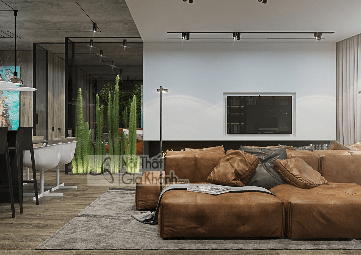 Sofa nâu hồng phối cùng gam xám tạo vẻ hiện đại hài hòa