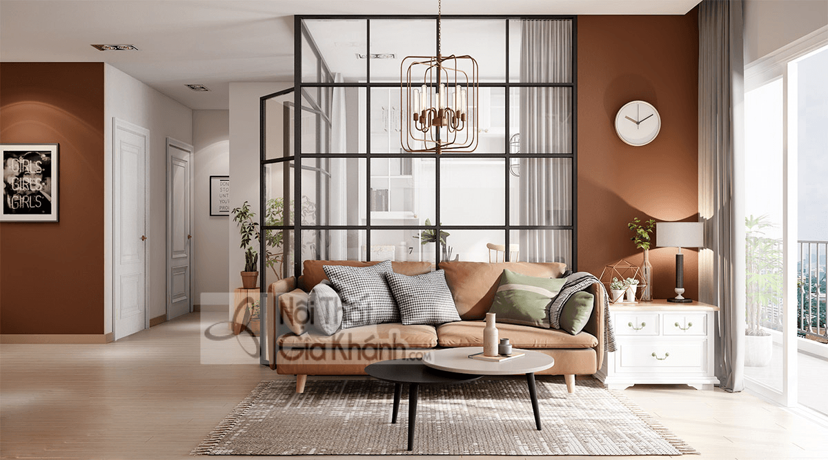 Tường đồng màu sofa giúp góc trang trí nổi bật trong phòng khách