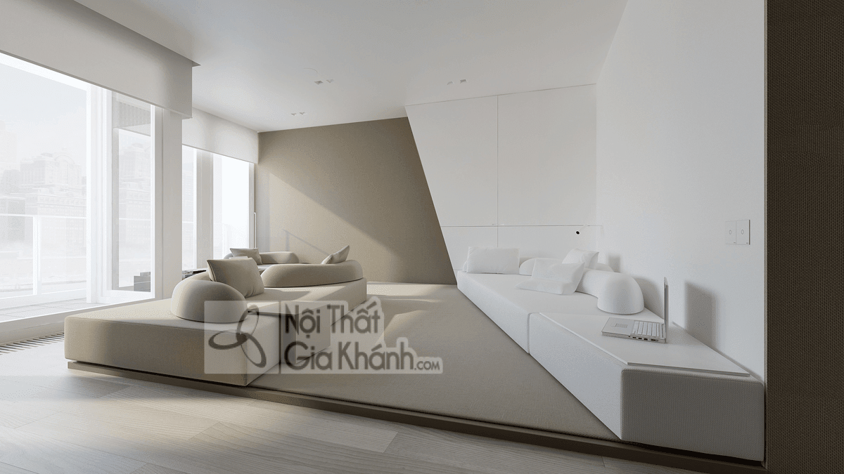 Phòng khách tối giản tông cappuccino và trắng cùng sofa màu nâu