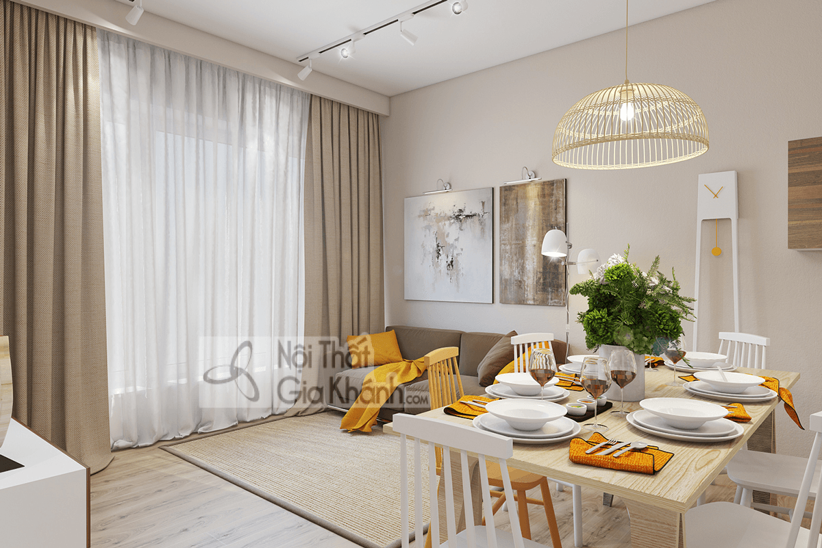 Tường ghép nhiều màu nhấn mảng nâu ăn khớp cùng ghế sofa