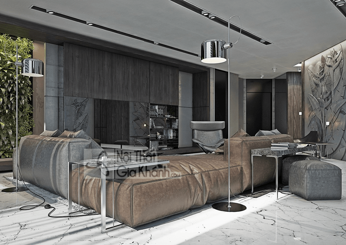Sofa nâu phối gối tựa khác tông tạo tổng thể thú vị cho phòng khách